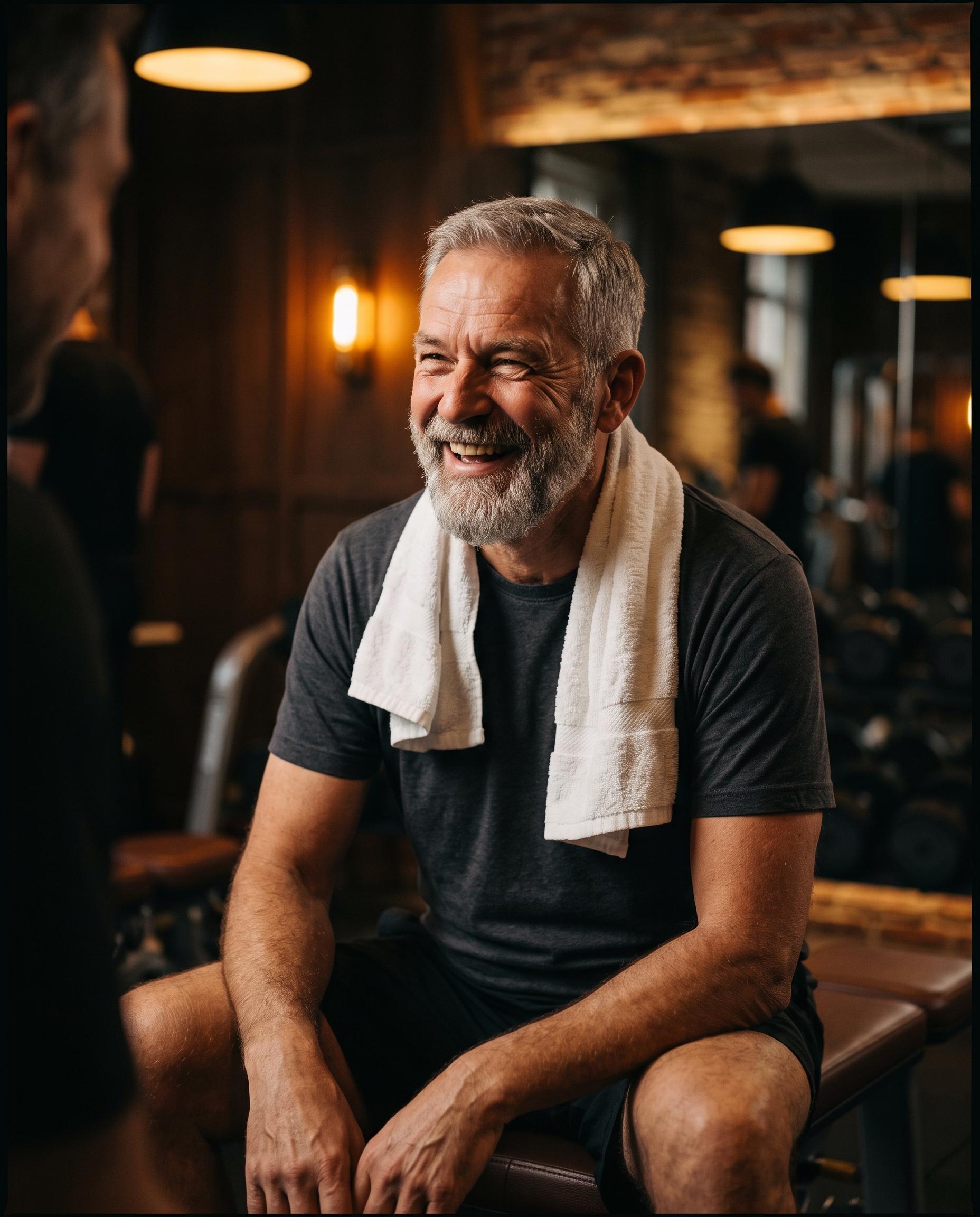 Een deelnemer lacht ontspannen na zijn training, handdoek om de nek